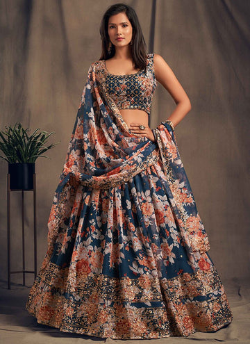 Wonderful Navy Blue Color Floral Print Organza Lehenga Choli